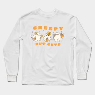 Retro Ghost with Flower - Creepy but Cute Floral Ghost Cartoon Doodle - Unique Tee Long Sleeve T-Shirt